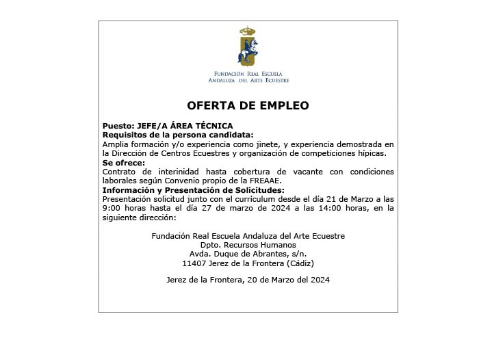 Oferta de empleo para puesto de Jefe/a de Área Técnica